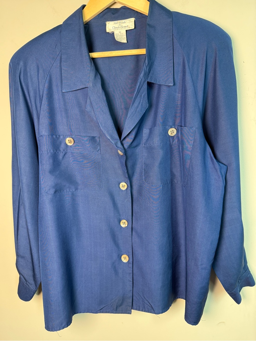 Vintage Silk Studio Silk Button-Down Blouse Royal Blue Utility Pocket Sz M